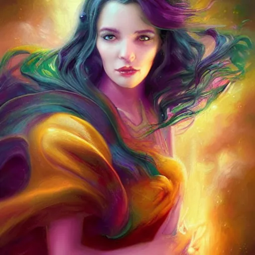 Prompt: a fantastic vibrant mixed pastels 3 d painting of a somber female sorceress under a cloudy rainstorm weather, anaglyphy effect, cgsociety # conceptart cg, # oc, by vanessa lemen by charlie bowater by jeff easley by stephanie hans in deep space by ross tran by vanessa lemen by nasa hubble space telescope images
