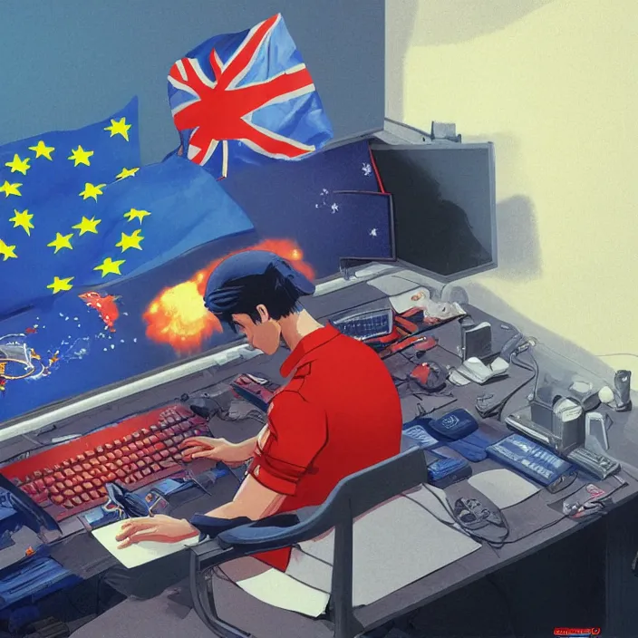 Prompt: european union eu hybrid influencer on blue shirt sitting on chair on computer playing games on led keyboard and gaming mouse, ussr suit, communism, ussr armor, eu flag, european union flag, keyboard, computer mouse, dark and gloom, extremely detailed oil painting, rhads, Bruce Pennington, Studio Ghibli, tim hildebrandt, cinematic, octane render, beautiful composition, trending on artstation, award-winning photograph, masterpiece