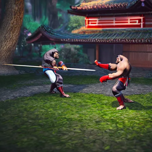 Prompt: a videogame still of an Ape Samurai fighting game, 40mm lens, shallow depth of field, split lighting