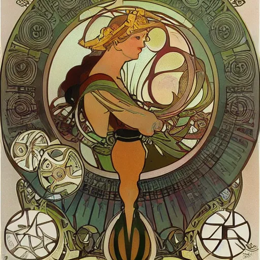 Prompt: Illustration by Alphonse Mucha of a futuristic car