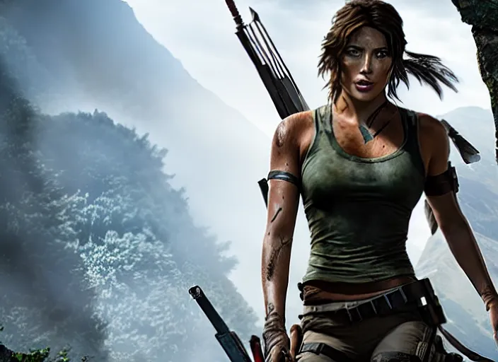 Image similar to film still of!!!! chloe bennett!!! as lara croft in new tomb raider movie, 8 k