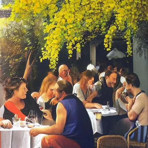 Prompt: happy people drink wine outside a a parisian cafe. there are bubbles in the air and a golden laburnum tree in bloom is in the foreground and it is a sunny afternoon, painted by caravaggio