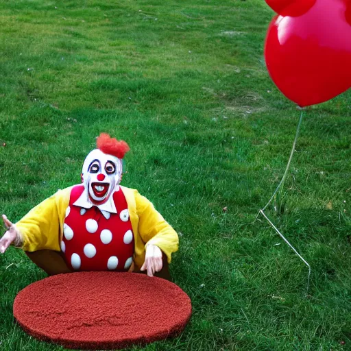 Prompt: a human sized clown made out of ground meat and ketchup