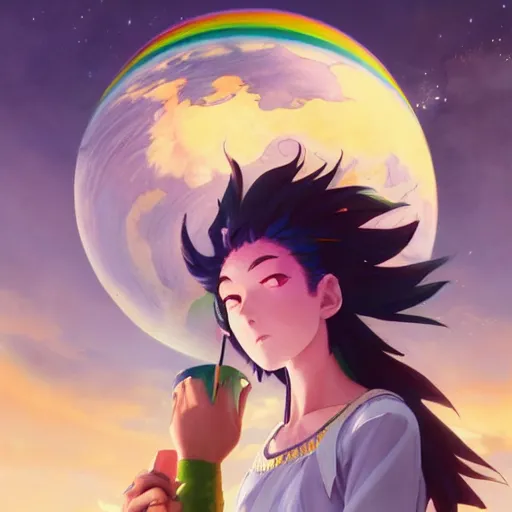 Image similar to a film still portrait of rainbow - haired goddess painting the earth, finely detailed features, closeup at the faces, perfect art, in space, gapmoe yandere grimdark, trending on pixiv fanbox, painted by greg rutkowski makoto shinkai takashi takeuchi studio ghibli, akihiko yoshida