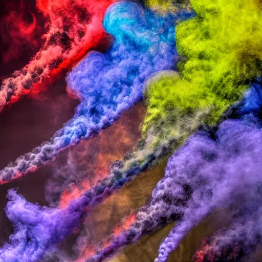 Image similar to multi color smoke, one smoke is the shape of a small ( outstretched ribbed wings and head of an ancient dragon ), billowy, hdr, 8 k, 4 k