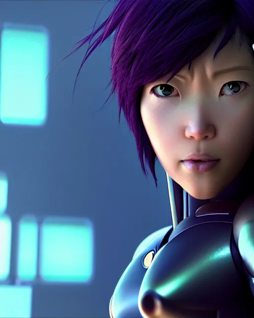 Image similar to weta disney pixar movie still portrait photo of motoko kusanagi ghost in the shell : : as cyborg woman by pixar : : by weta, wlop, ilya kuvshinov, rossdraws, artgerm, marvel, maxim cover, latex, octane render, sweaty, iridescent, bright morning, anime, liosh, mucha : :