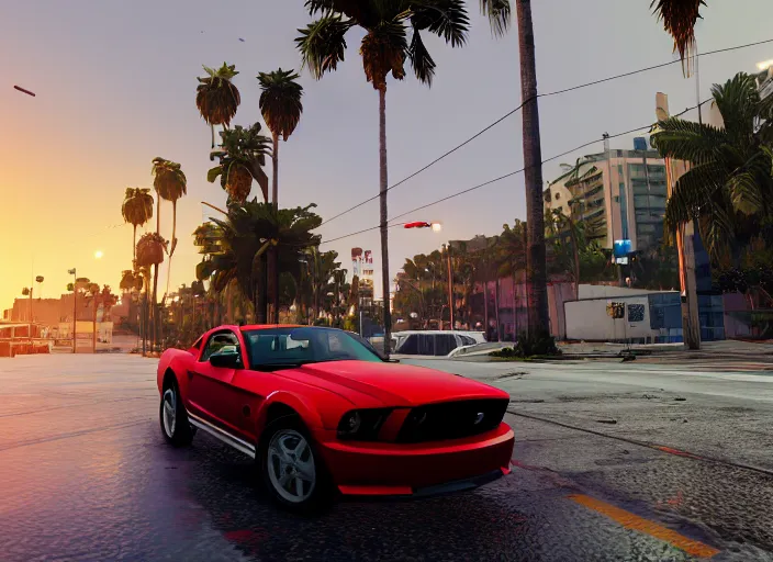 Image similar to still next - gen ps 5 game grand theft auto 6 2 0 2 4 remaster, graphics mods, rain, red sunset, people, rtx reflections, gta vi, miami, palms and miami buildings, photorealistic screenshot, unreal engine, 4 k, 5 0 mm bokeh, close - up ford mustang, gta vice city remastered, artstation