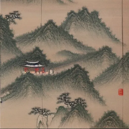 Image similar to a chinese landscape painting of a building in a serene landscape