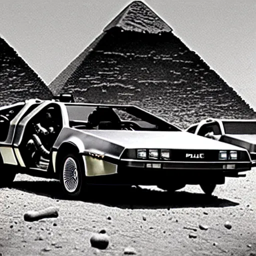Prompt: delorean car from back to the future in an old black and white photograph of the piramids in ancient egypt, with doc and marty
