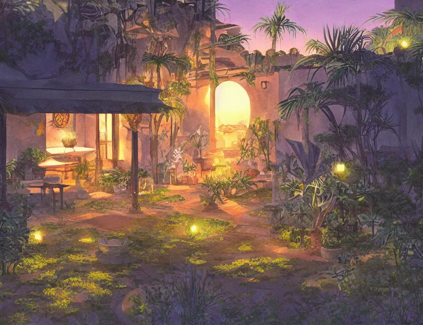 Prompt: dusk at the oasis. gouache painting by award - winning mangaka, chiaroscuro, bloom, backlighting, intricate details