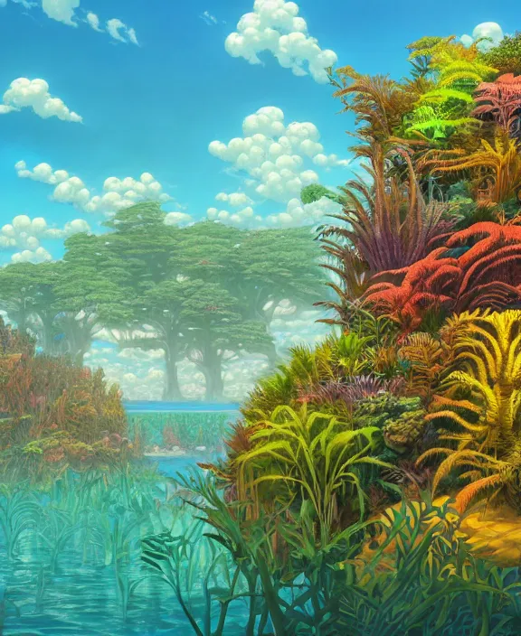 Prompt: an enormous schoolhouse made from exotic fungus, overgrown with weird huge colorful ferns, on the ocean, noon, sun drenched, partly cloudy, by dan mumford, yusuke murata, makoto shinkai, ross tran, cinematic, unreal engine, cel shaded, featured on artstation, pixiv