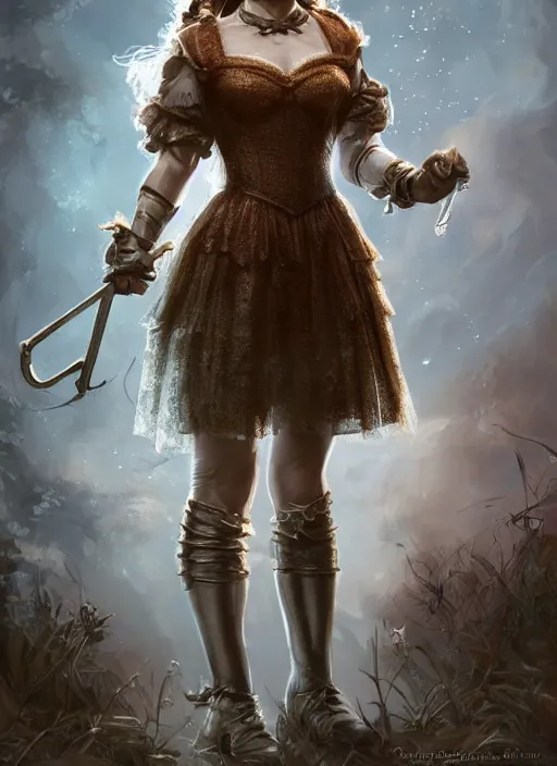 Image similar to beautiful female dorothy gale, rebecca romijn as dorothy, full body character concept, full metal armor, silver metallic, super powers, fantasy, intricate, elegant, highly detailed, digital painting, artstation, concept art, shining, sharp focus, illustration, art by stanley lau