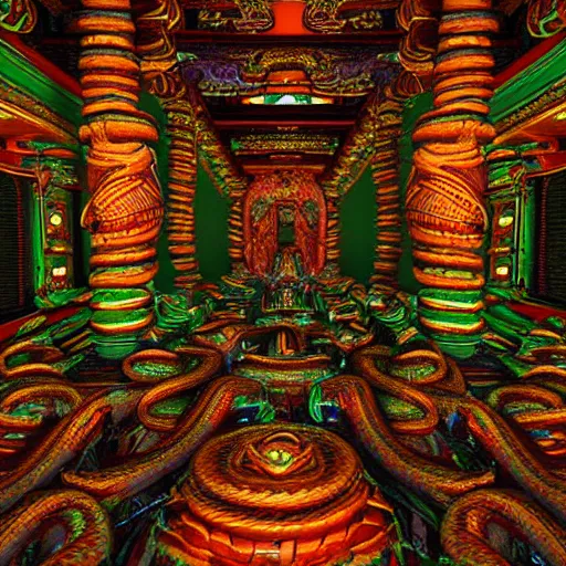 Image similar to Photorealistic inside a temple made of snakes. Hyperdetailed photorealism, 108 megapixels, amazing depth, glowing rich colors, powerful imagery, psychedelic Overtones, 4D, 3D Shading, 3D cinematic lighting, finalrender, artstation concept art