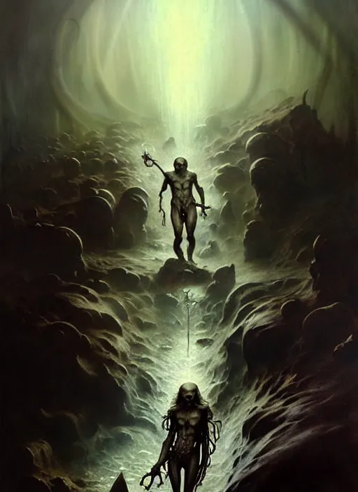 Image similar to shackled in styx river of the underworld, frank frank frazetta and cgsociety, stunning sasquatch, blood splatters, charlie bowater and tom bagshaw, insanely detailed, deviantart, space art, atoms surrounded by skulls, death, and spirits flying, water fall, horror, sci - fi, surrealist painting, by peter mohrbacher