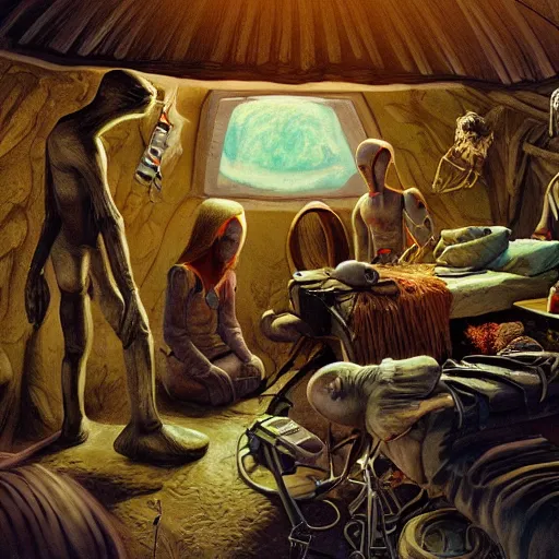 Image similar to primitive extraterrestrial villagers caring for injured human at bedside, inside primitive hut, cinematic, worm's eye view, dramatic lighting, illustration, ron cobb, mike mignogna, science fiction, detailed painting, high detail, rough paper