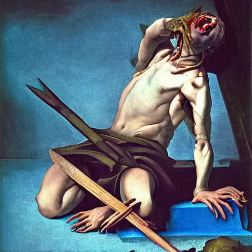 Image similar to low poly painting by caravaggio of a drowned zombie holding a trident with glowing cyan eyes, wearing ragged clothing, holding a trident, underwater, pastel green and blue color palette