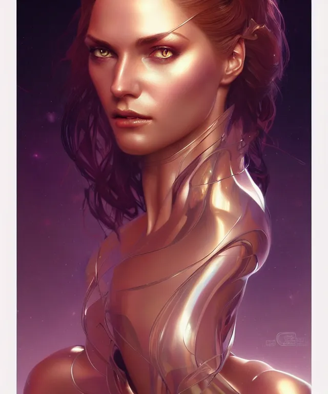 Image similar to futuristic woman portrait, sci-fi, amber eyes, face, long hair, fantasy, intricate, elegant, highly detailed, digital painting, artstation, concept art, smooth, sharp focus, illustration, art by artgerm and greg rutkowski and alphonse mucha