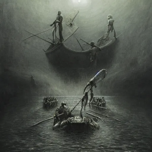 Prompt: ferrying deceased souls across the river and into the underworld, beksinski, dariusz zawadzki, very coherent symmetrical artwork. cinematic, hyper realism, high detail, octane render, 8 k