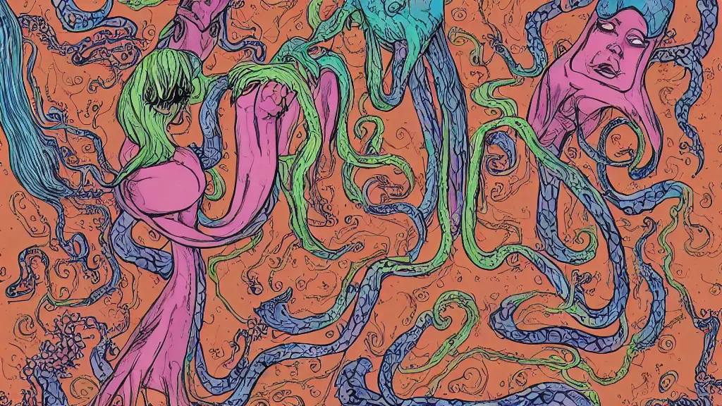 Image similar to aged paper, colorful character sheet for a stocky alien extraterrestrial female servant maid with thick snake - like tentacles instead of hair, long dress with apron, woodstock, psychedelic, 7 0 s, coherent, illustration, digital art, trending on artstation, hd, 8 k, good lighting, beautiful, rough paper, masterpiece