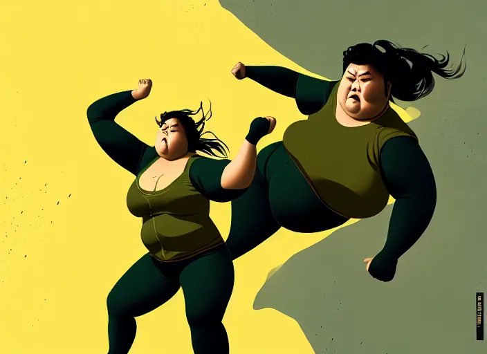 Image similar to duotone olive green gray illustration 3 / 4 portrait of fat woman fighting bruce lee style. dynamic chaotic composition random golden renaissance proportion. author sachin teng and sergei wheelsov and ruan jia and heng z. graffiti art, scifi, sci - fi, hyper detail. octane rendering. concept art. trend on artstation