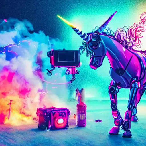 Image similar to a flaming, robotic unicorn, rearing up in front of an endless, digital space, surrounded by drones with cameras, synthwave, dslr photo