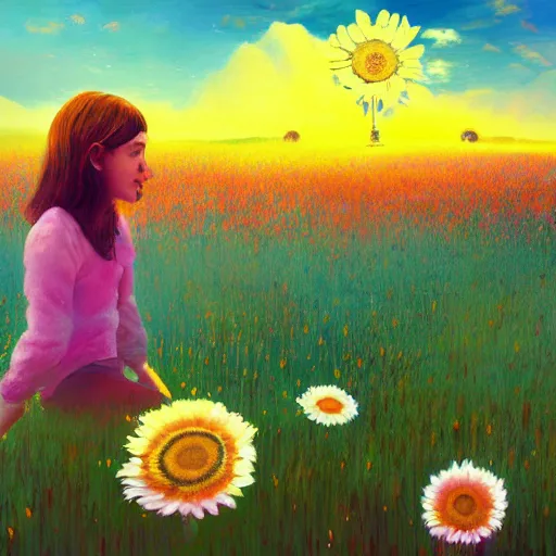 Image similar to giant daisy flower as head, girl sitting in a flower field, surreal photography, sunrise, dramatic light, impressionist painting, colorful clouds, digital painting, artstation, simon stalenhag