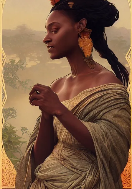 Image similar to african sansa, intricate, elegant, highly detailed, digital painting, artstation, concept art, smooth, sharp focus, illustration, art by artgerm and greg rutkowski and alphonse mucha and william - adolphe bouguereau