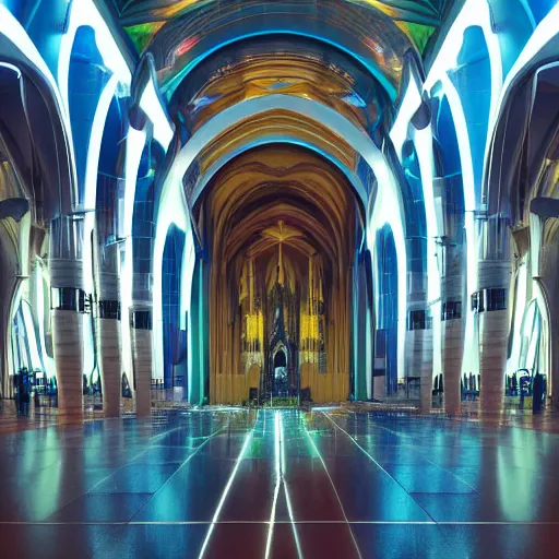 Prompt: interior shot of futuristic cathedral, neon lights, james gurney, katsuhiro otomo, james paick, cinematic lighting, artstation, vibrant nature, anime style, Craig Mullins, Greg Rutkowski, Pete Morbacher, Tuomas Korpi, tekkon kinreet, volumetric light, artstation, , octane render, redshift render, low angle camera