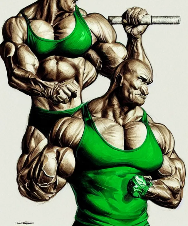 Image similar to muscular luigi wearing a green jumpsuit pumping iron in a dingy gym by ilya kuvshinov, bodybuilder ernest khalimov, super mario bros symmetrical face concept art, hyper realistic, intricate, elegent, highly detailed, digital painting, concept art, smooth, sharp, focus, illustration, art by artgerm and greg rutkowski and alphonse mucha, artstation