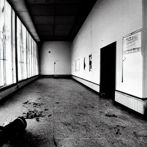 Image similar to scary old lady without eyes an abandoned school, security camera, black and white, real