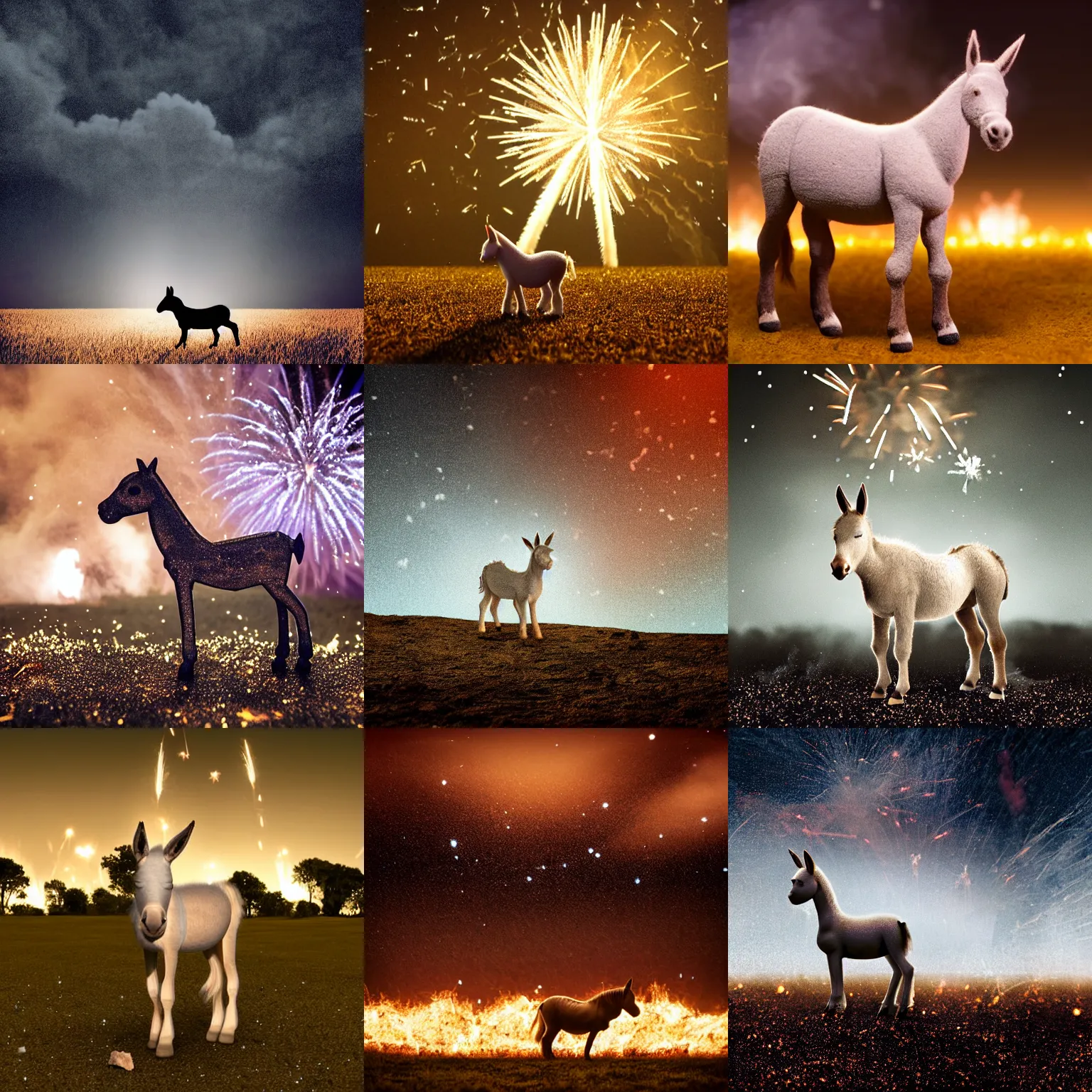 Prompt: a small tiny pale donkey stands centered in the midground in a empty field in the darkness at night. in the background, fireworks exploding in the night sky raining down embers and sparks and brightly burning pieces falling from the sky. the dark night sky is filled with smoke. more sparks and embers embers raining from night sky. color photography. photorealistic. cinematic. Flash photo. Cursed image. JPEG artifacts. noisy image. found footage. nikon coolpix