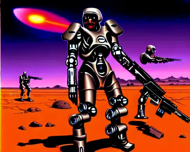 Image similar to cybernetic evil warzone bladed weapons razor projectiles humanoids goin stupid, desert scene