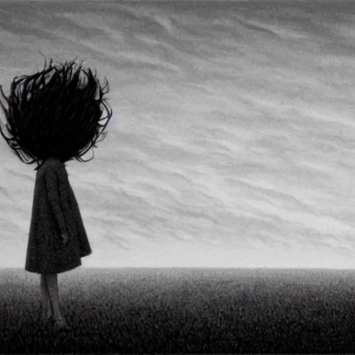 Prompt: cgi, monumental manga by chris van allsburg, by jennifer rubell. a art installation of a woman standing in a field of ashes, her dress billowing in the wind. her hair is wild & her eyes are closed, in a trance - like state. dark & atmospheric, ashes seem to be alive, swirling around.