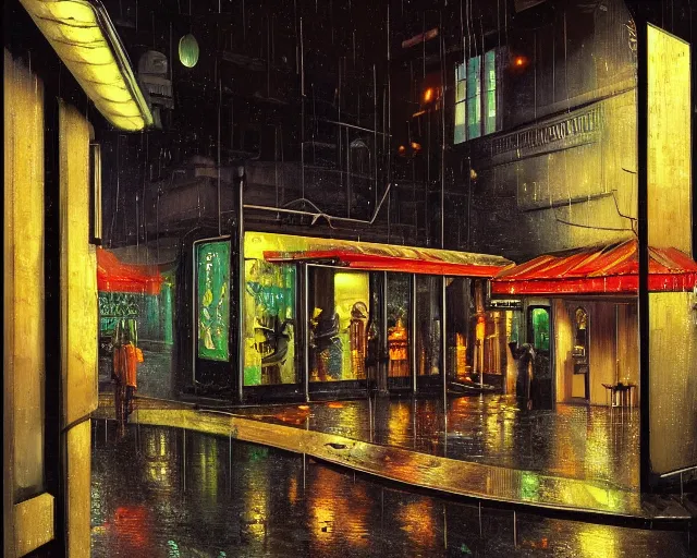 Image similar to exterior of the only cyberpunk open restaurant in a night rainy melancholy cyberpunk city by de chirico