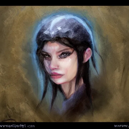 Prompt: ‘ icewind dale ’ themed ‘ icewind dale 2 ’ portrait by ‘ justin sweet ’, falling snow, soft focus, oil paint,