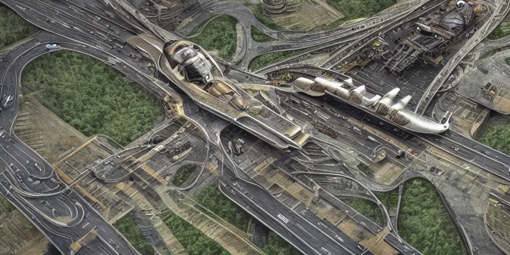 Image similar to cinematic still of hyper detailed highway realistic afro steampunk designed by frank lloyd wright architect, helicopters, deep perspective, wide angle, insanely detailed and intricate,