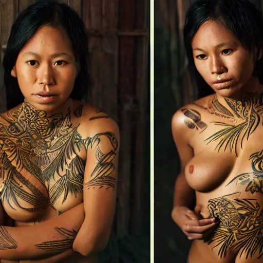 Image similar to A perfect pacific islander female goddess stands for a waist up portrait with her body sightly wrapped in thin gold wire creatively arranged so as to look like Borneo tattoos, in an abandoned barn, hyper photo realistic 8K HD HDRI, photo by Annie Leibovitz.