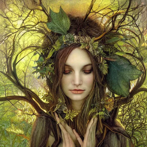 Prompt: fey queen of the summer forest, dress of leaves, fine features, thin, young, silver shimmering hair, by brian froud, dusk scene, night colors, oil on canvas, oil panting