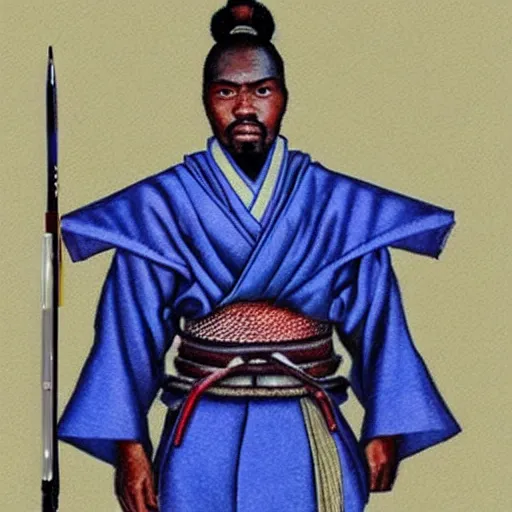 Prompt: oscar ukonu, beautiful samurai made with blue african ball point pen
