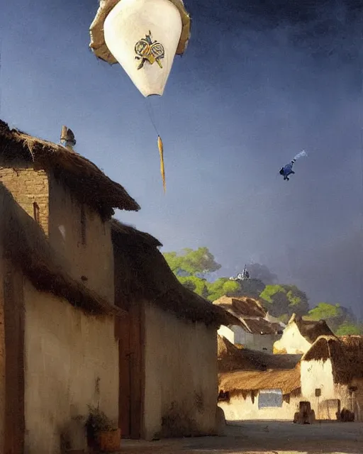 Prompt: Painting by Greg Rutkowski, a big ceramic jug with a gold ornament flies high in the night dark blue sky above a small village with white houses under thatched roofs