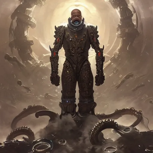 Image similar to steve harvey with tentacle arms and biomechanical squid body, conquering earth, epic battle scene, 8 k, sci - fi fantasy painting, highly detailed, digital painting, artstation, art by artgerm and greg rutkowski and alphonse mucha