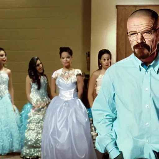 Image similar to Walter White at his quinceanera, cinematic shot, film still, wide shot