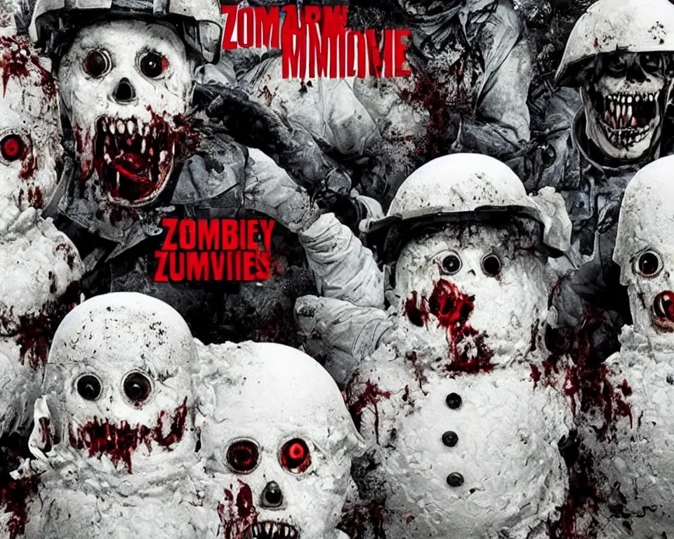 Prompt: a horror movie poster featuring zombie snowmen wearing army helmets