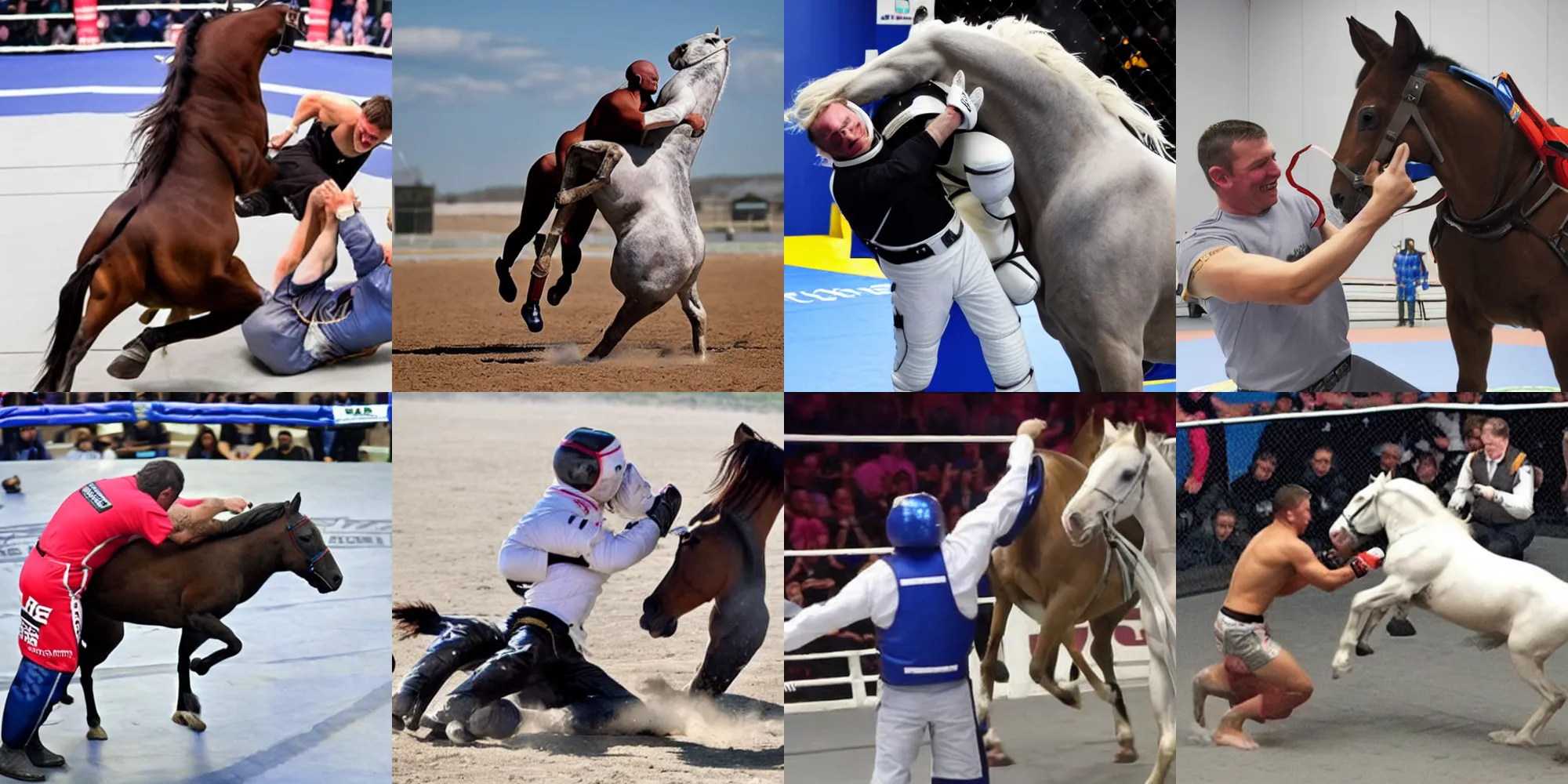 Prompt: horse wrestles astronaut in mma in closed guard