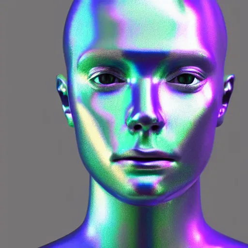 Image similar to 3d render of holographic human robotic head made of glossy iridescent, surrealistic 3d illustration of a human face non-binary, non binary model, 3d model human, cryengine, made of holographic texture, holographic material, holographic rainbow, concept of cyborg and artificial intelligence