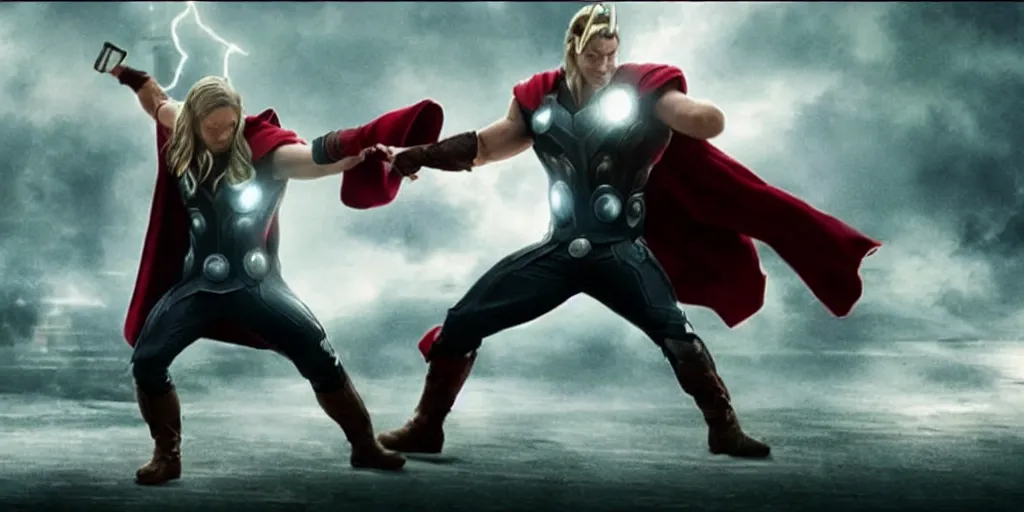 Prompt: A movie frame of Neo fighting Thor, marvel cinematic universe