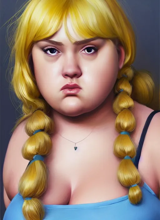 Image similar to full body teenage betty cooper, blonde hair, obese, bangs, ponytail, sultry, realistic, sultry smirk, ponytail, fluffy bangs, curly bangs, fat, belly, beautiful girl, intricate, elegant, highly detailed, digital painting, artstation, concept art, smooth, sharp focus, illustration, art by wlop, mars ravelo and greg rutkowski