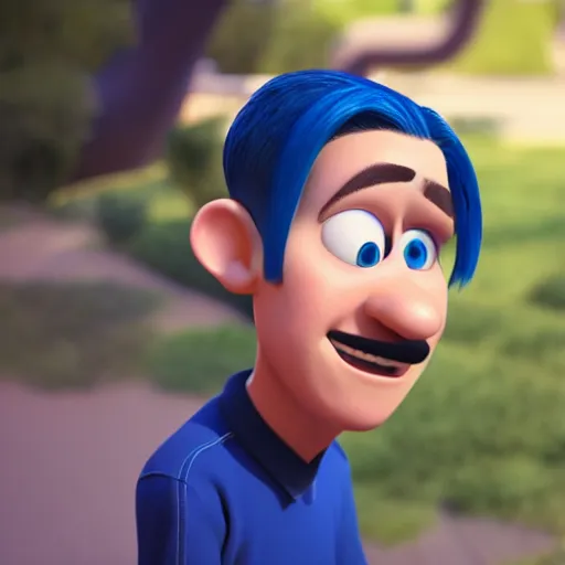 Image similar to handsome thin athletic white man with short buzzed widows peak hair, facial stubble and blue eyes posing outside, depicted as a Pixar character, high quality cg render, 4k