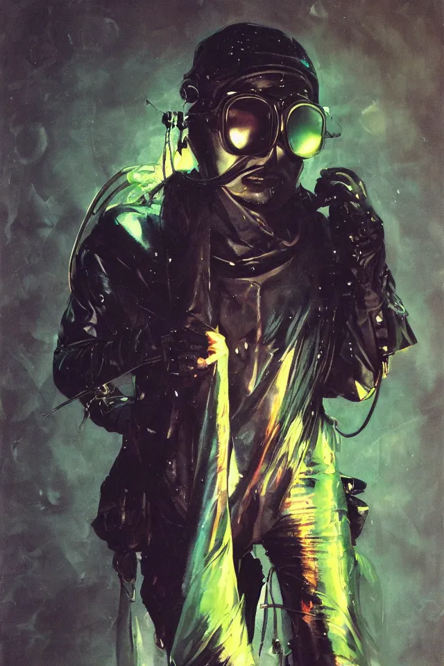 Prompt: androgynous ninja shaman tunic made of latex, radio goggles, techwear, iridiscent light, high key, cinematic lighting at night, wet floors, neon, phil hale, boris vallejo, syd mead, masterpiece