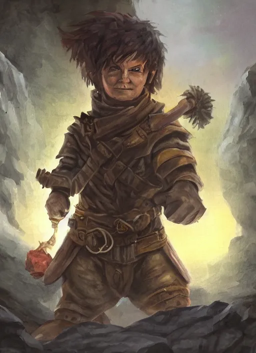 Image similar to A fantasy comic book roleplaying game style portrait painting of a halfling rogue sneaking in a cavern, DAZ, hyperrealistic, ambient light, dynamic light